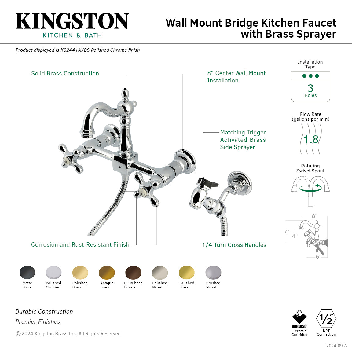 Kingston Heirloom KS2448AXBS - Heritage Two-Handle 3-Hole Wall Mount Bridge Kitchen Faucet with Brass Sprayer, Brushed Nickel — thumbnail 2